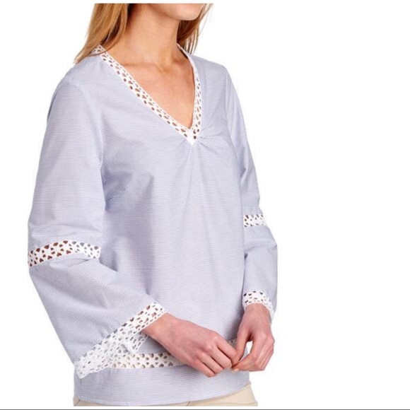 Peck & Peck Striped Print Crochet Trim Top Size XS - Picture 2 of 7